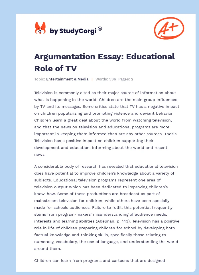 Argumentation Essay: Educational Role of TV. Page 1