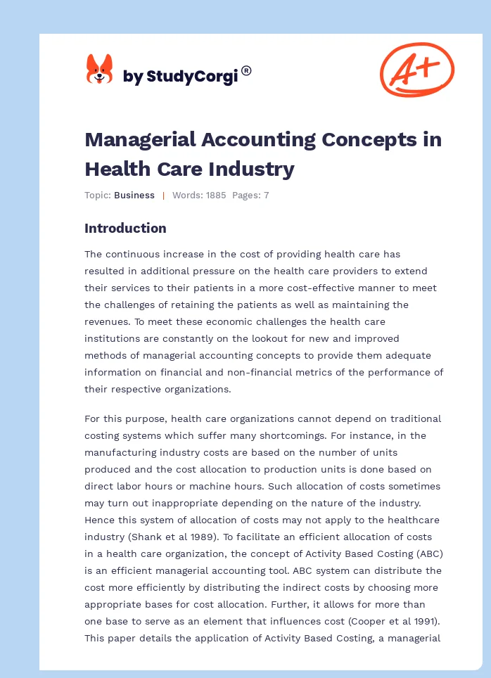 Managerial Accounting Concepts in Health Care Industry. Page 1