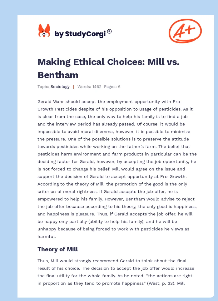 Making Ethical Choices: Mill vs. Bentham. Page 1