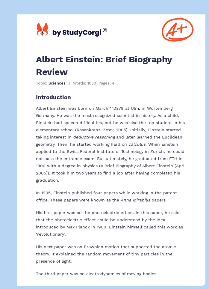 Albert Einstein: Brief Biography Review. Page 1