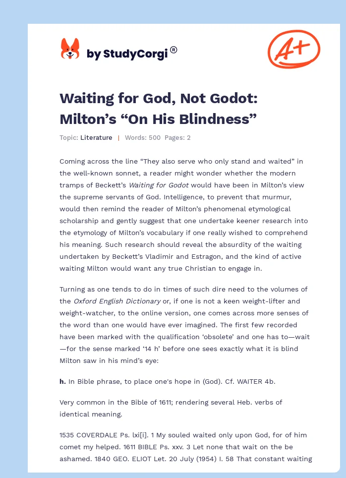 Waiting for God, Not Godot: Milton’s “On His Blindness”. Page 1