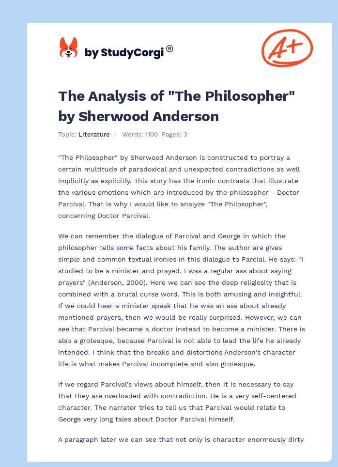 The Analysis of "The Philosopher" by Sherwood Anderson. Page 1
