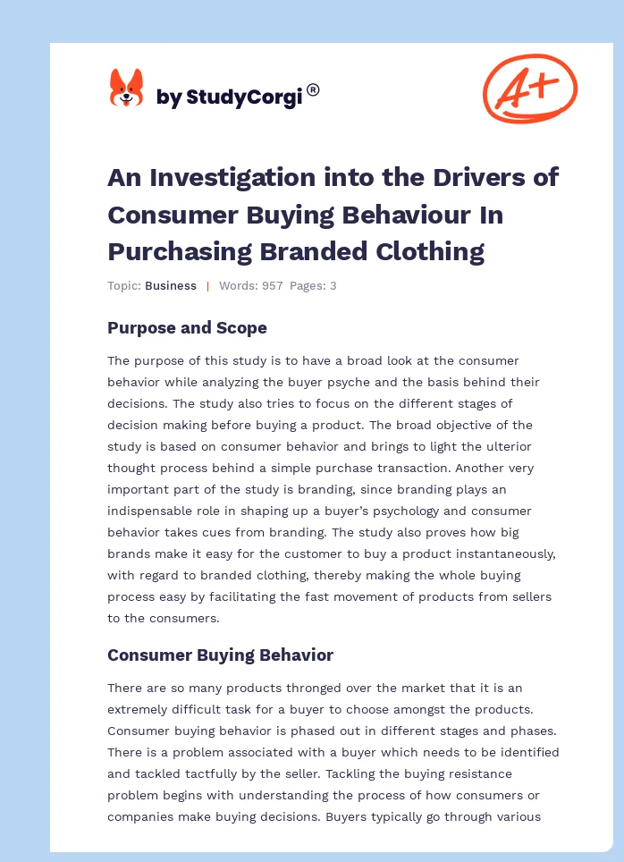 An Investigation into the Drivers of Consumer Buying Behaviour In Purchasing Branded Clothing. Page 1