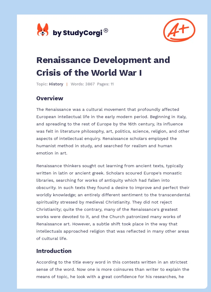 Renaissance Development and Crisis of the World War I. Page 1