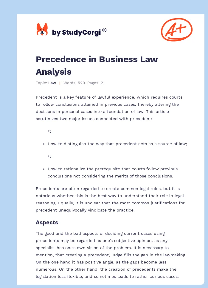 Precedence in Business Law Analysis. Page 1