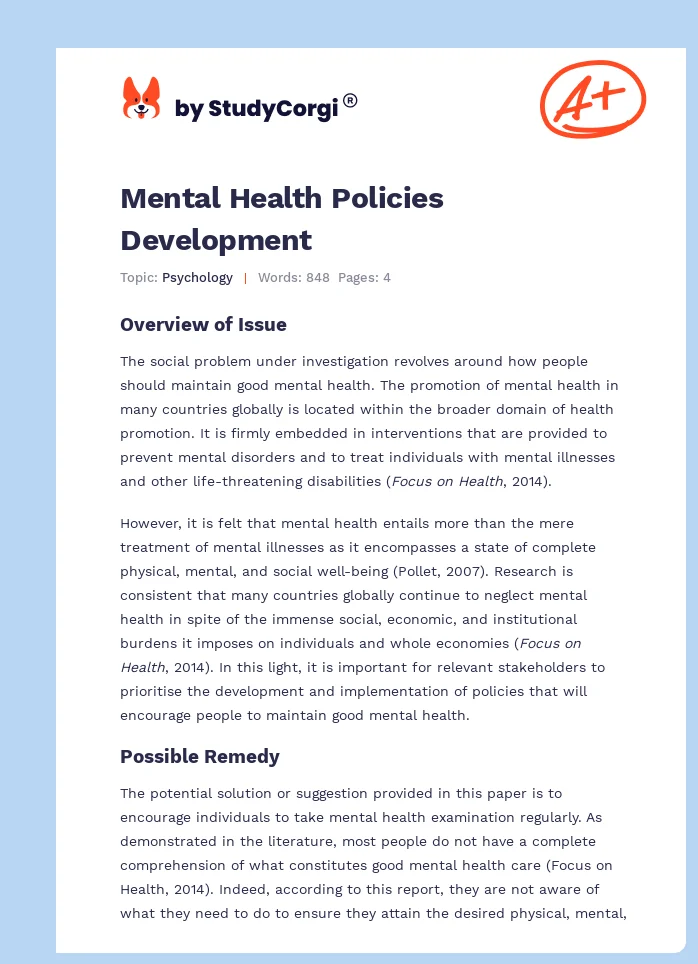 Mental Health Policies Development. Page 1