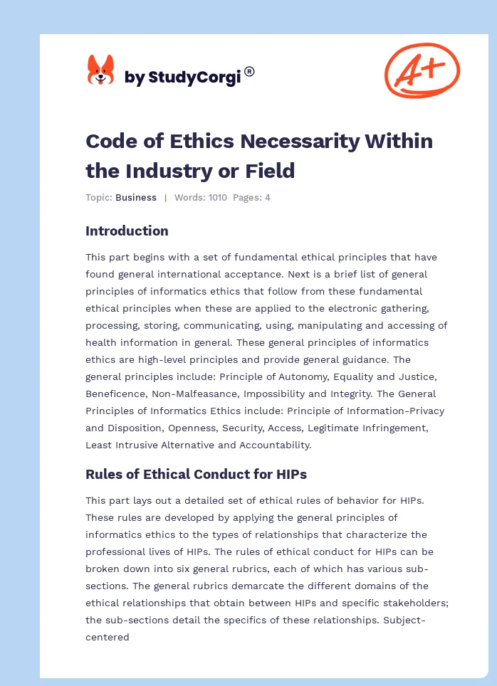 Code of Ethics Necessarity Within the Industry or Field. Page 1