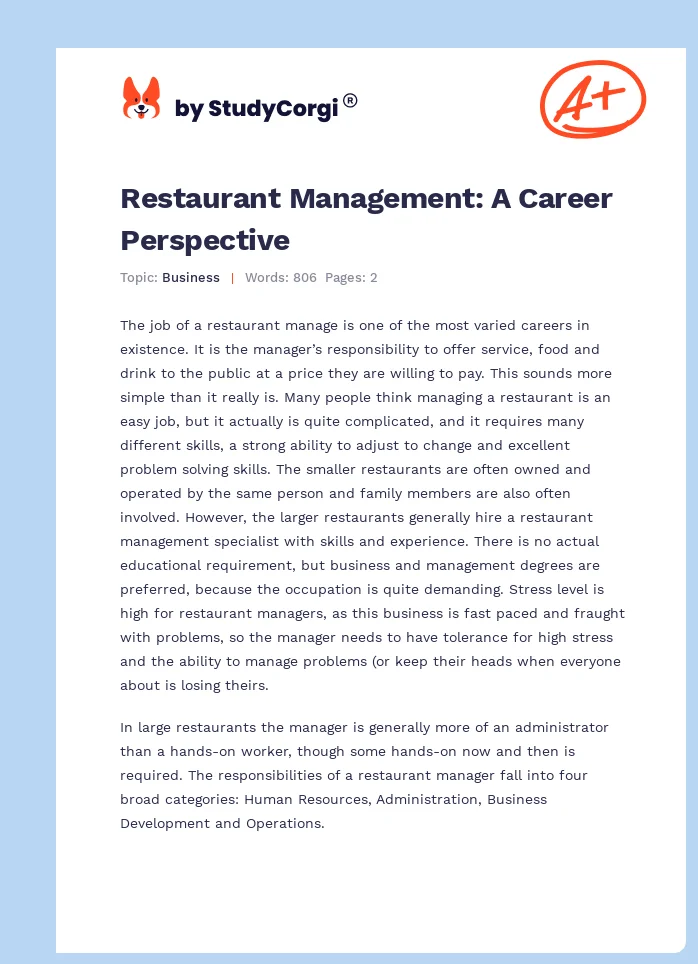 Restaurant Management: A Career Perspective. Page 1