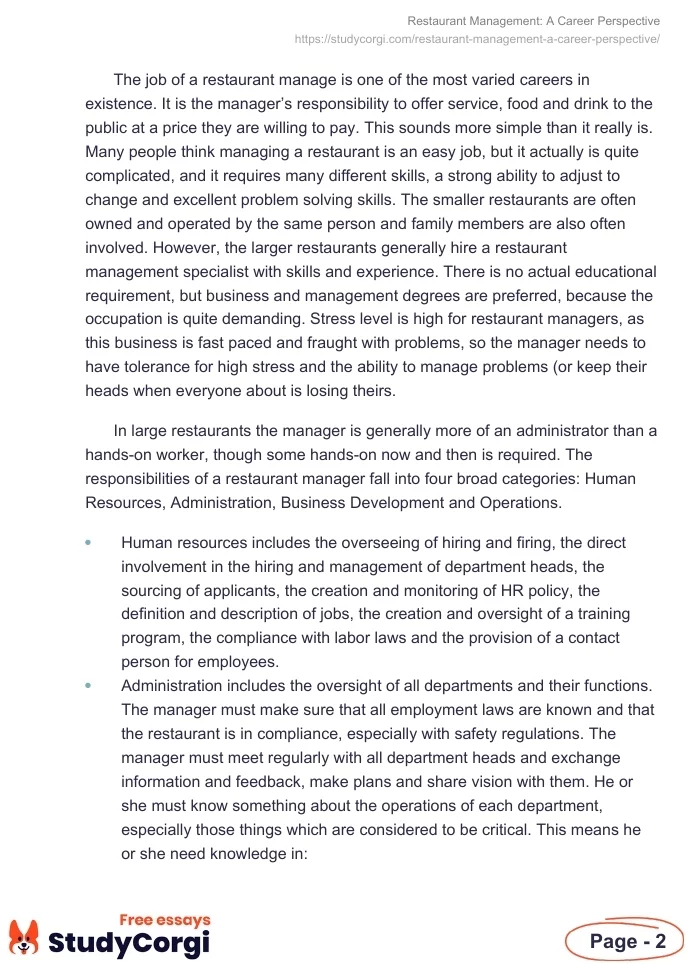 Restaurant Management: A Career Perspective. Page 2