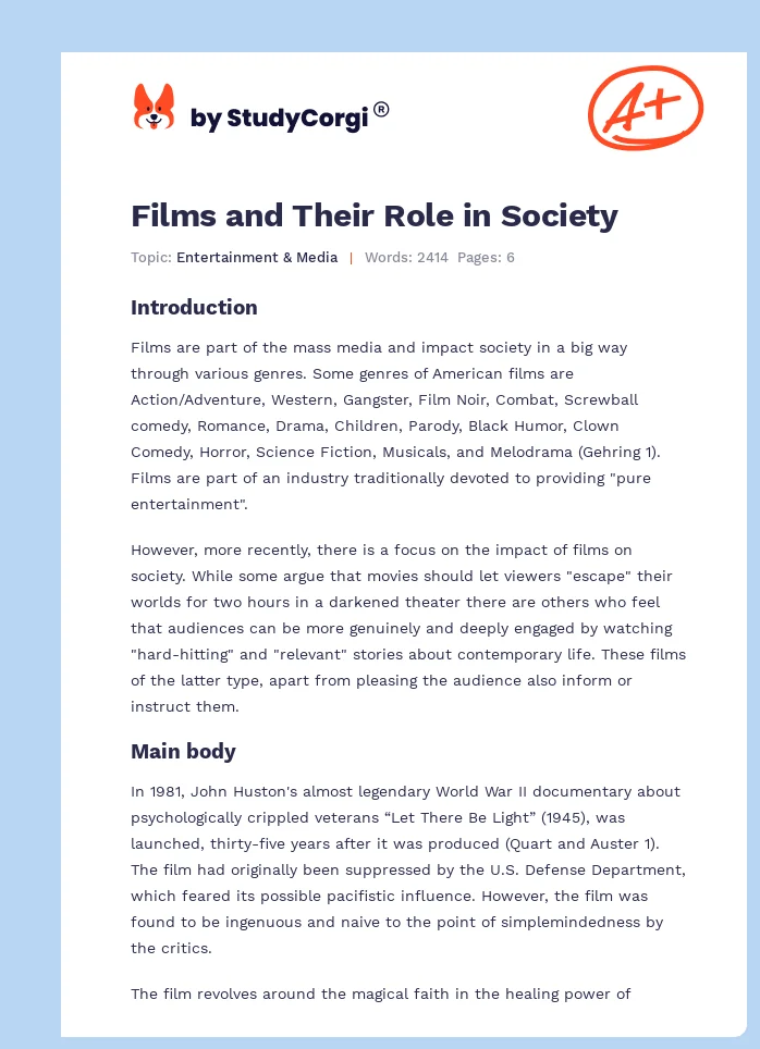 Films and Their Role in Society. Page 1