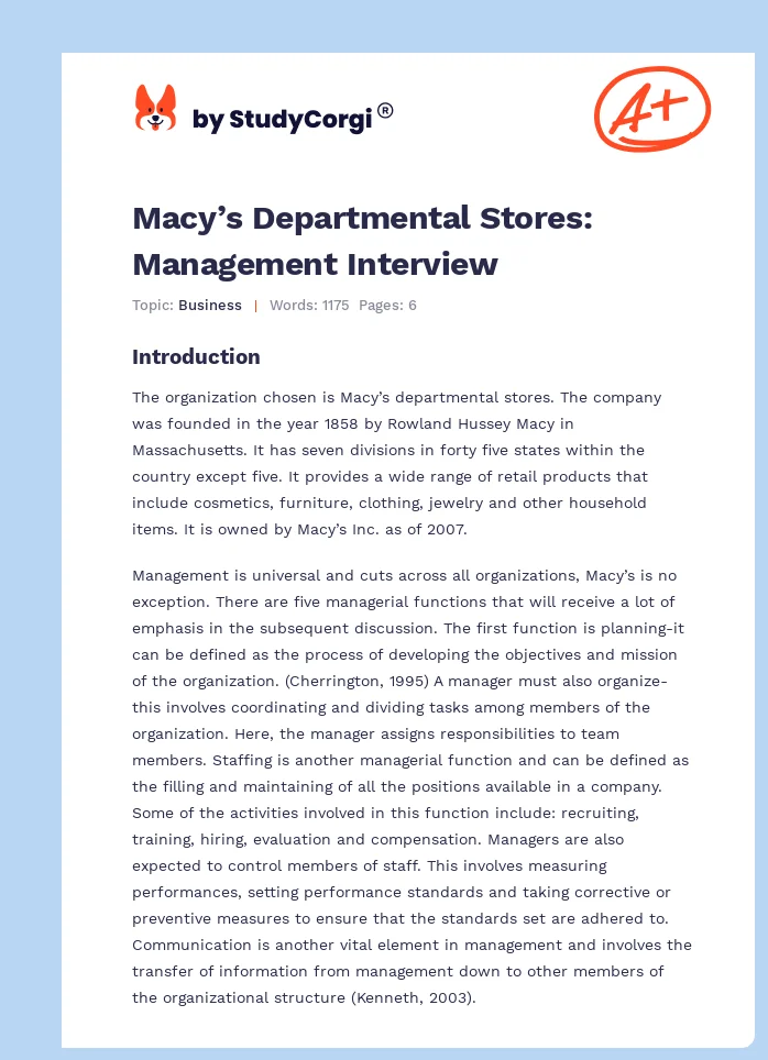 Macy’s Departmental Stores: Management Interview. Page 1