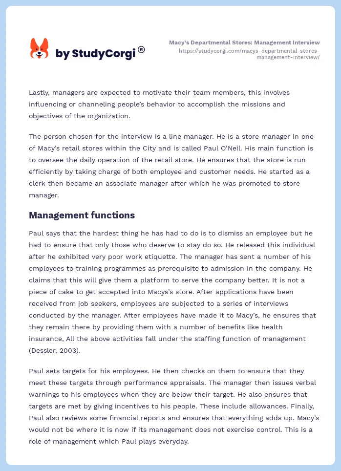 Macy’s Departmental Stores: Management Interview. Page 2