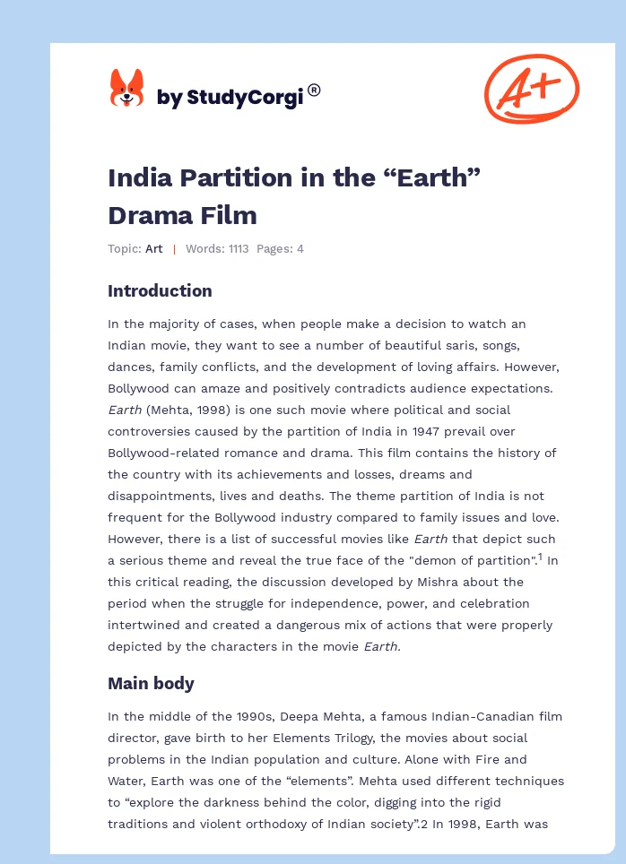 India Partition in the “Earth” Drama Film. Page 1