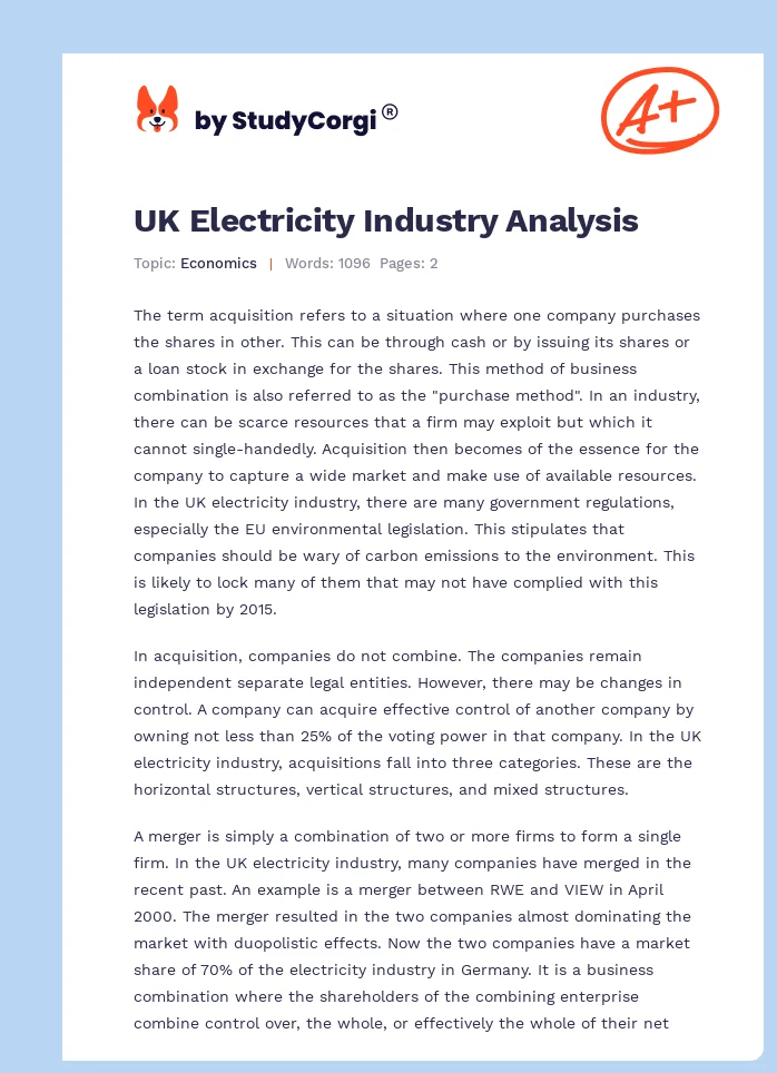 UK Electricity Industry Analysis. Page 1