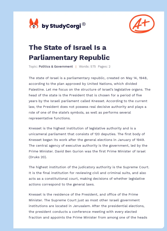 The State of Israel Is a Parliamentary Republic. Page 1