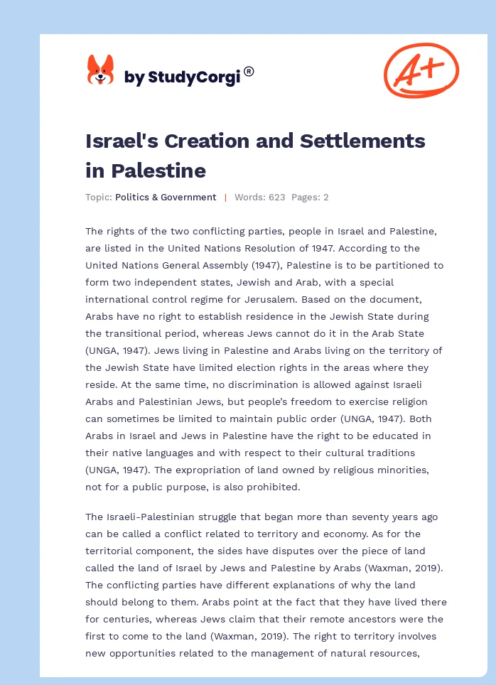 Israel's Creation and Settlements in Palestine. Page 1