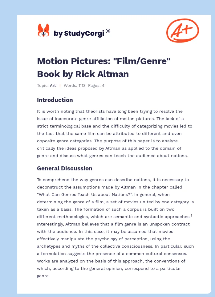 Motion Pictures: "Film/Genre" Book by Rick Altman. Page 1