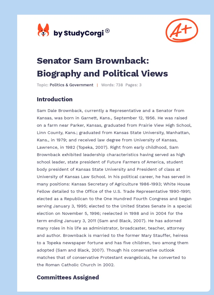 Senator Sam Brownback: Biography and Political Views. Page 1