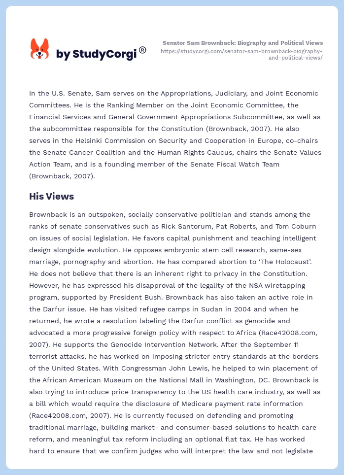 Senator Sam Brownback: Biography and Political Views. Page 2