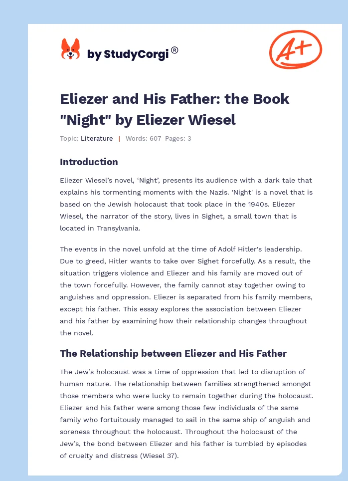 Eliezer and His Father: the Book "Night" by Eliezer Wiesel. Page 1