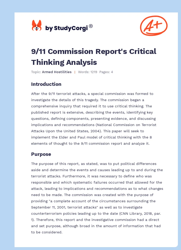 9/11 Commission Report's Critical Thinking Analysis. Page 1