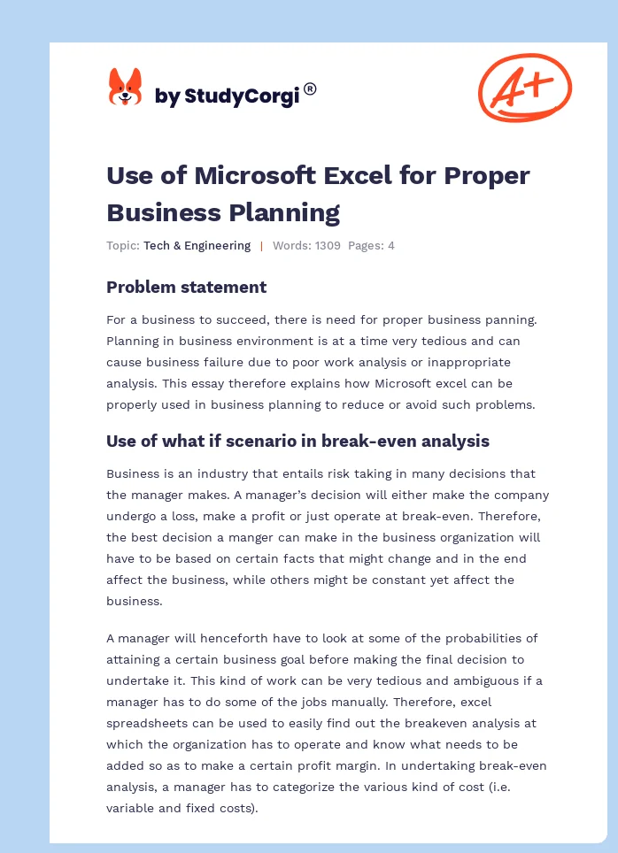 Use of Microsoft Excel for Proper Business Planning. Page 1