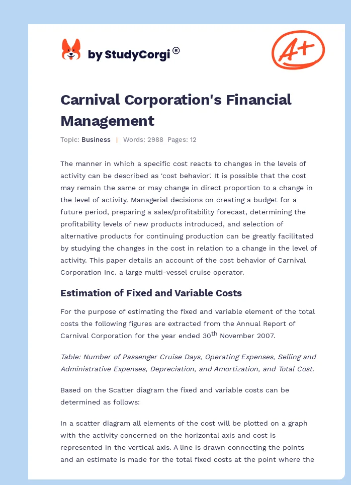 Carnival Corporation's Financial Management. Page 1