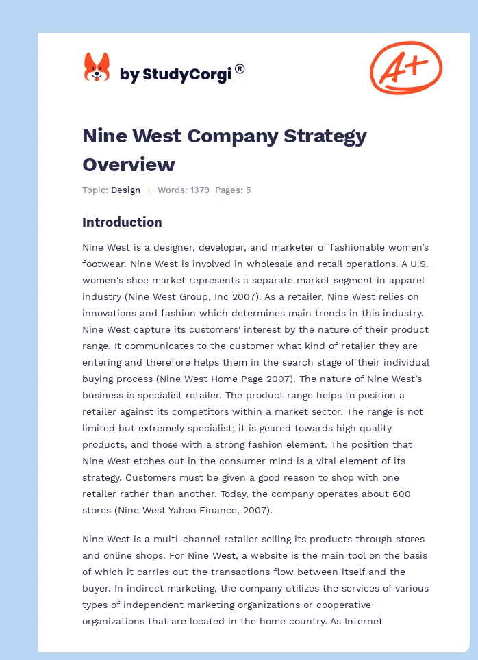 Nine West Company Strategy Overview. Page 1