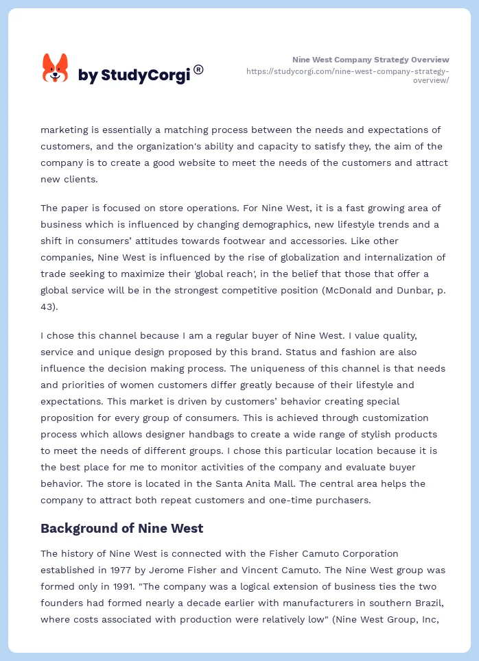 Nine West Company Strategy Overview. Page 2