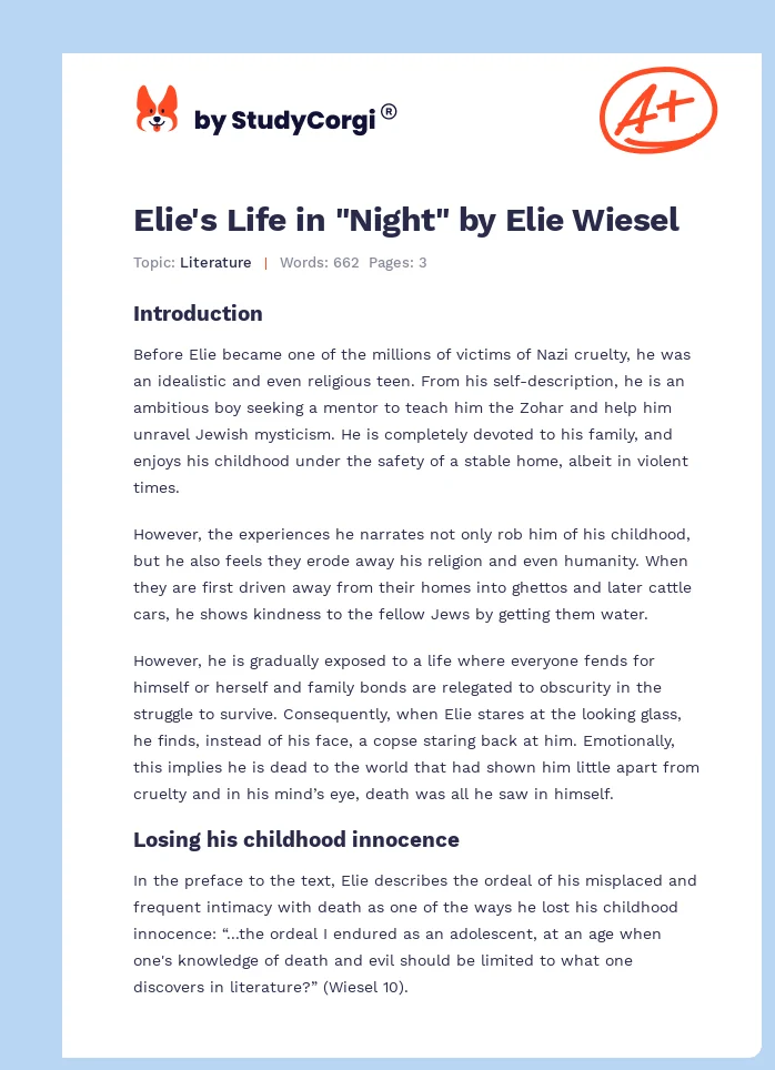 Elie's Life in "Night" by Elie Wiesel. Page 1