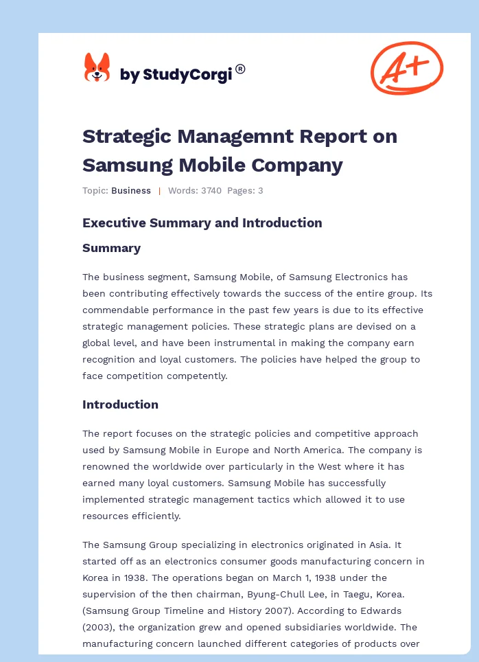 Strategic Managemnt Report on Samsung Mobile Company. Page 1