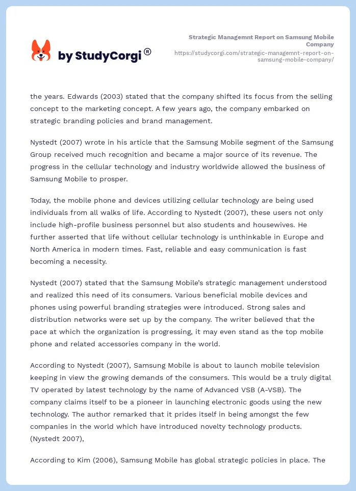 Strategic Managemnt Report on Samsung Mobile Company. Page 2