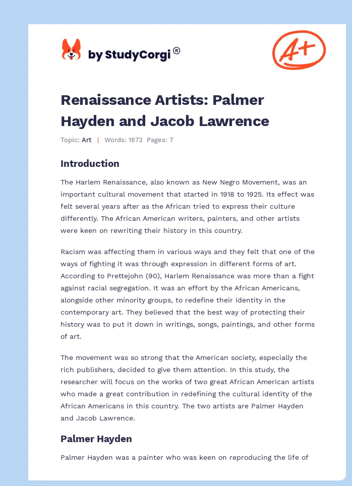 Renaissance Artists: Palmer Hayden and Jacob Lawrence. Page 1