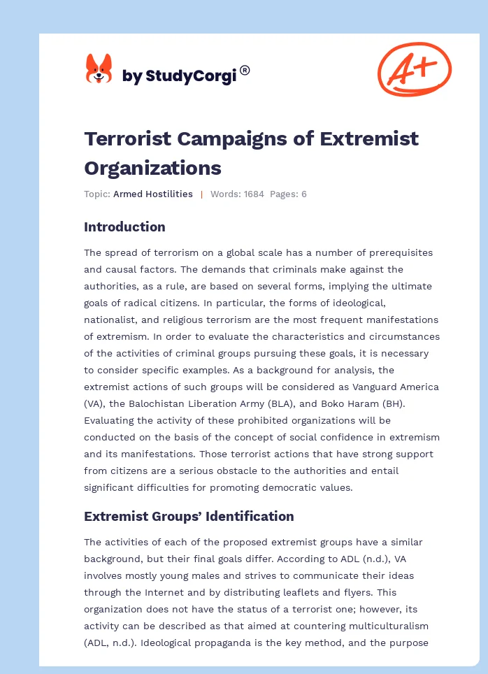 Terrorist Campaigns of Extremist Organizations. Page 1