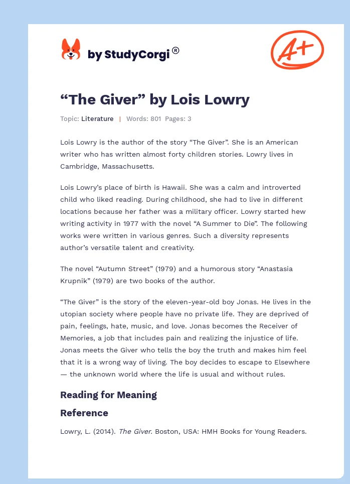 “The Giver” by Lois Lowry. Page 1