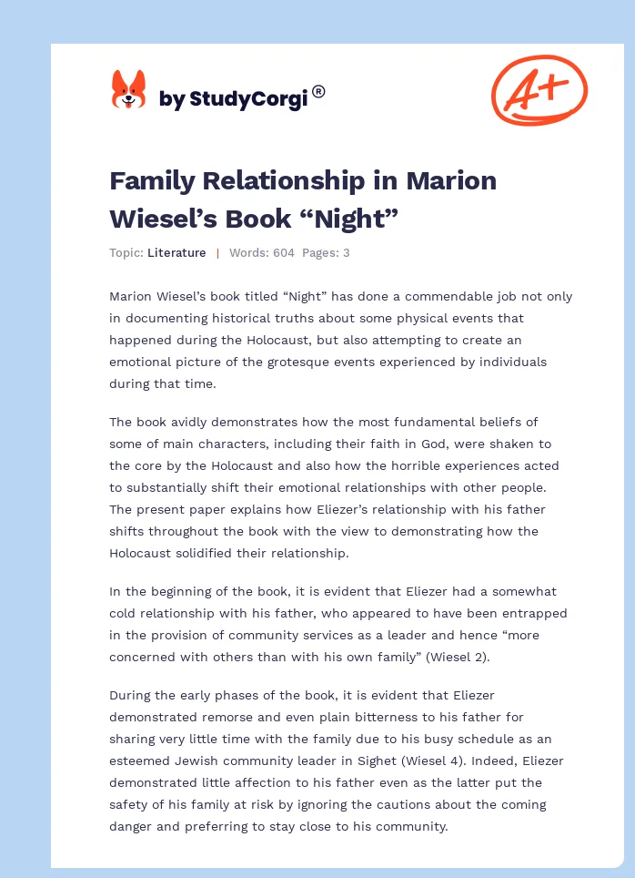 Family Relationship in Marion Wiesel’s Book “Night”. Page 1