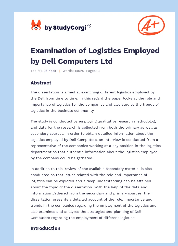 Examination of Logistics Employed by Dell Computers Ltd. Page 1