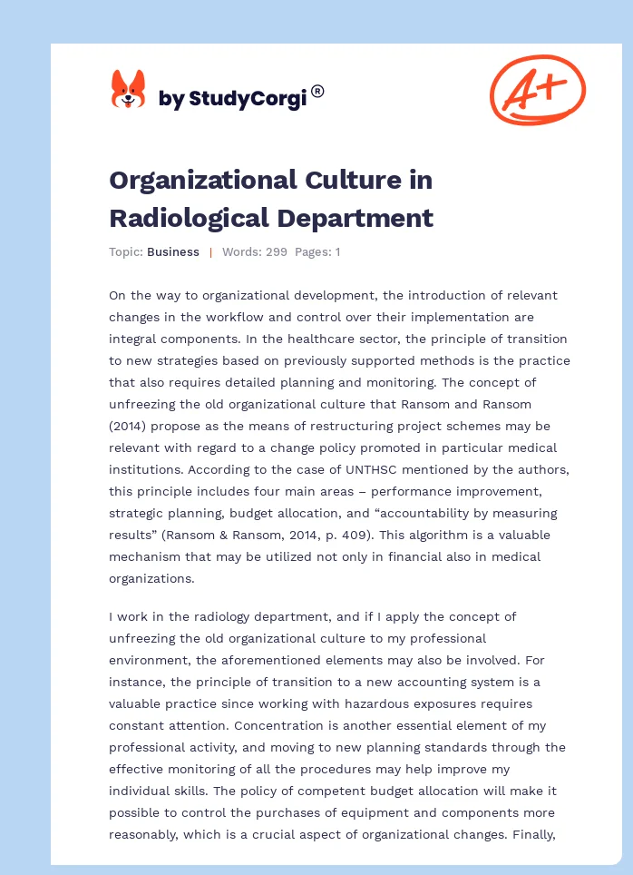 Organizational Culture in Radiological Department. Page 1
