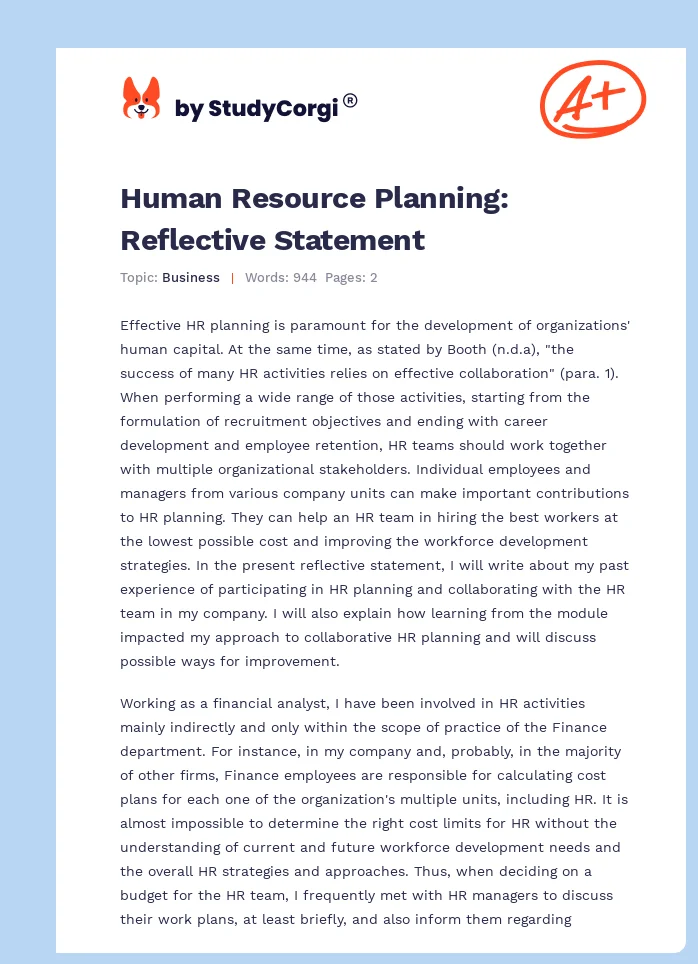 Human Resource Planning: Reflective Statement. Page 1