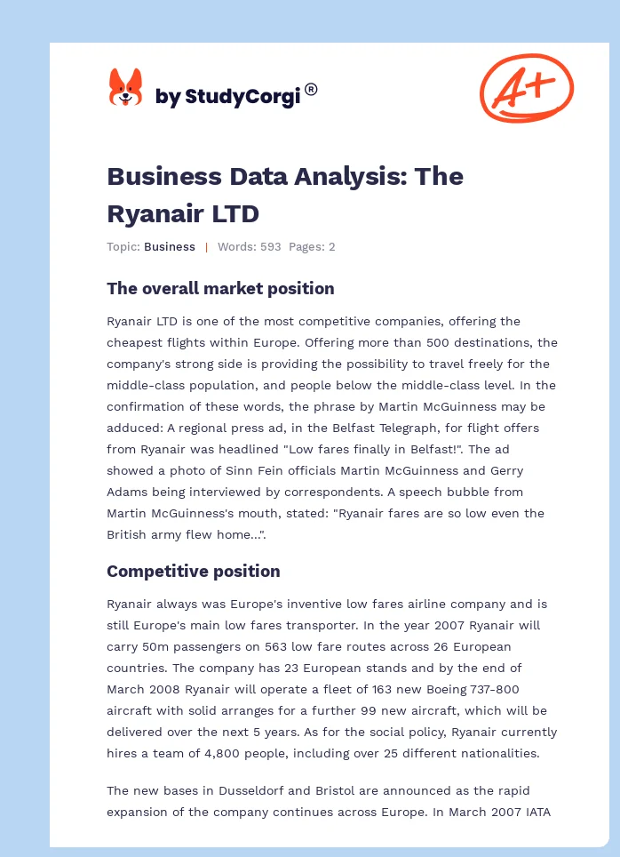 Business Data Analysis: The Ryanair LTD. Page 1