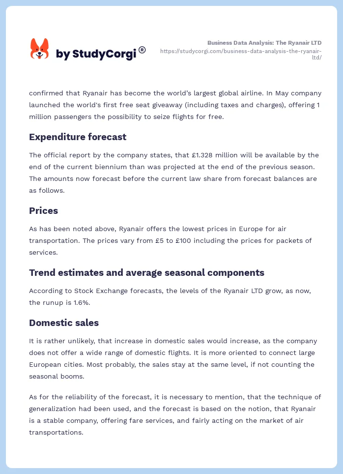 Business Data Analysis: The Ryanair LTD. Page 2