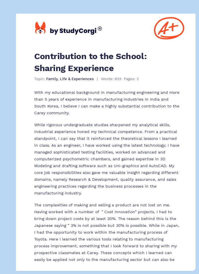 Contribution to the School: Sharing Experience. Page 1
