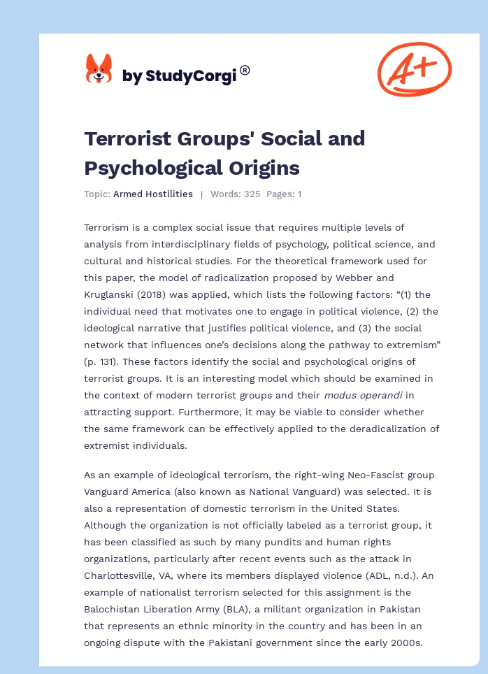 Terrorist Groups' Social and Psychological Origins. Page 1