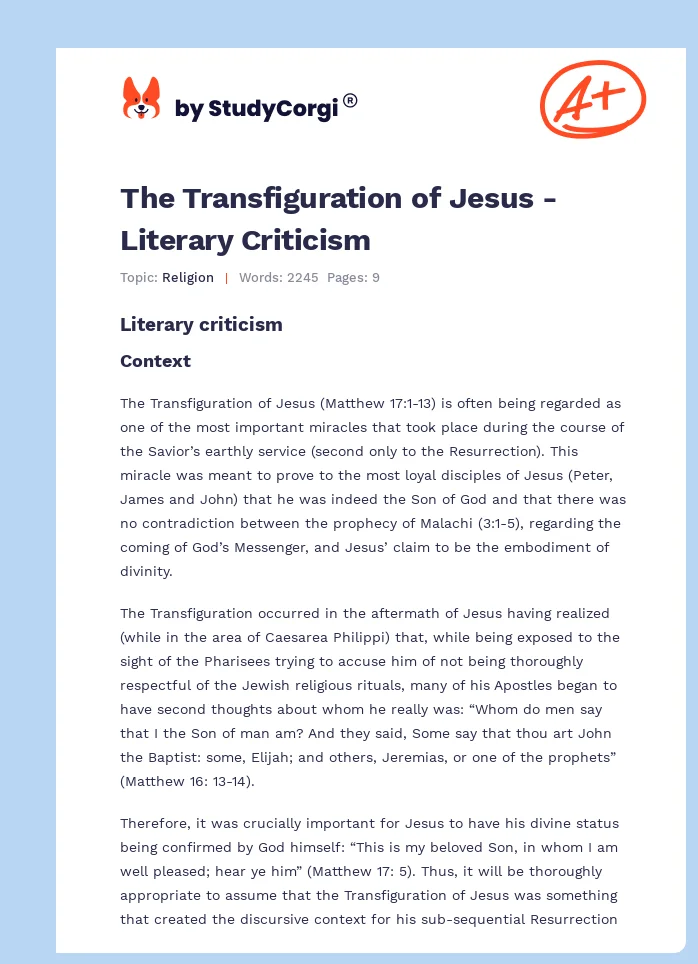 The Transfiguration of Jesus - Literary Criticism. Page 1