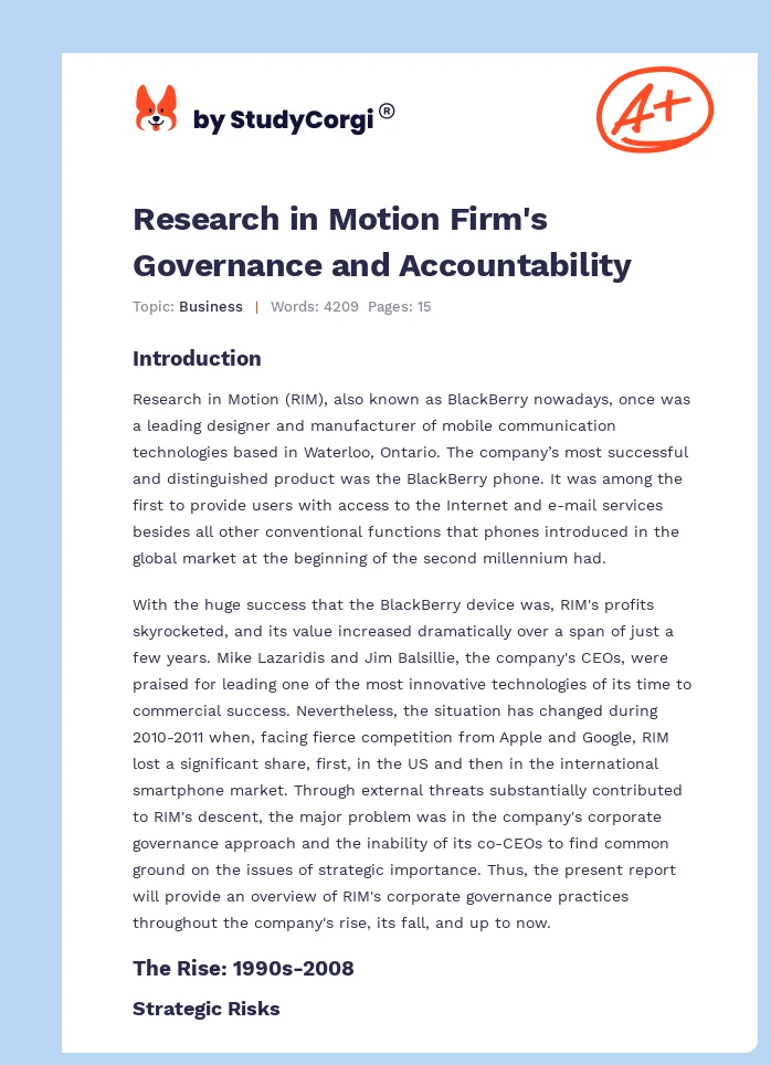 Research in Motion Firm's Governance and Accountability. Page 1