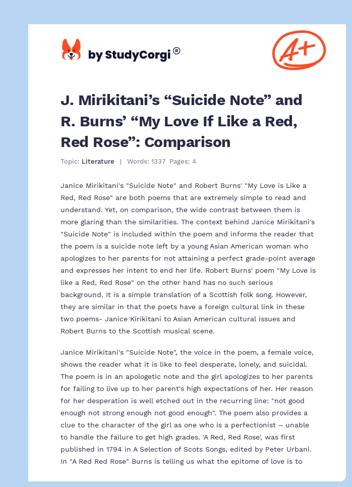 J. Mirikitani’s “Suicide Note” and R. Burns’ “My Love If Like a Red, Red Rose”: Comparison. Page 1
