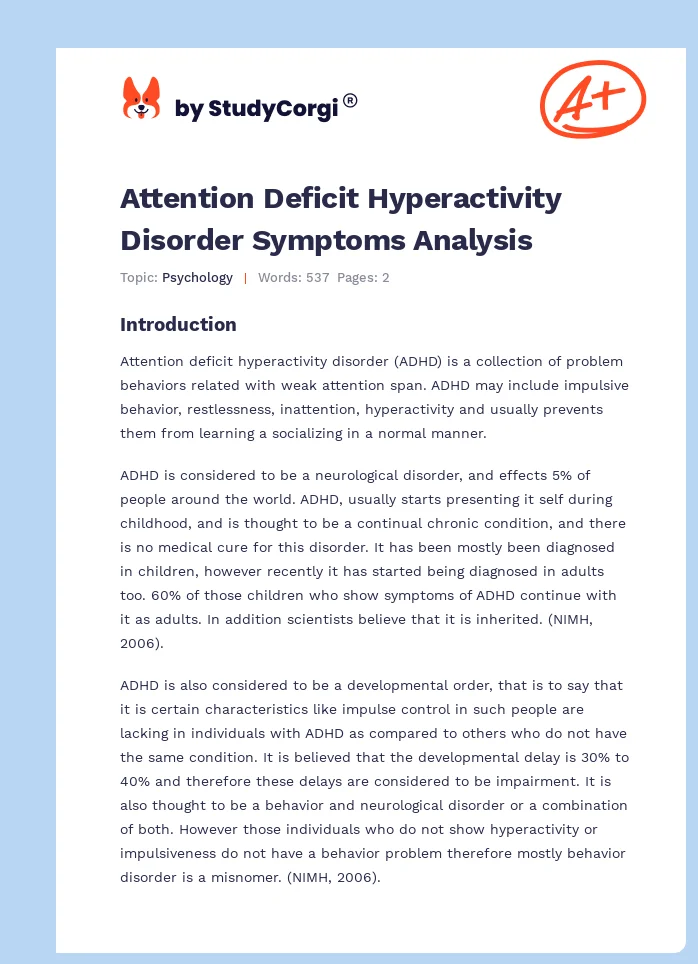 Attention Deficit Hyperactivity Disorder Symptoms Analysis. Page 1
