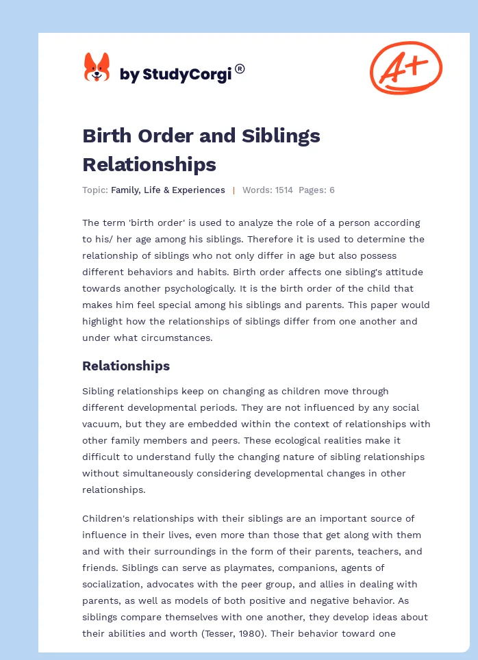 Birth Order and Siblings Relationships. Page 1