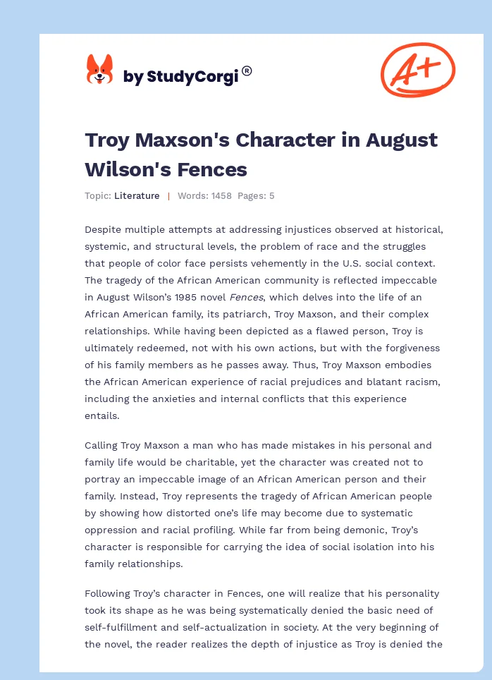 Troy Maxson's Character in August Wilson's Fences. Page 1