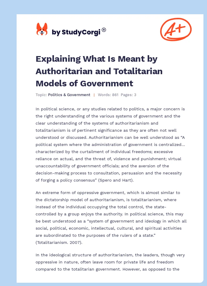 Explaining What Is Meant by Authoritarian and Totalitarian Models of Government. Page 1